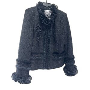 Gaby & Eden Glam Statement Jacket – Sparkle, Ruffles & Fur Trim – Size XL
